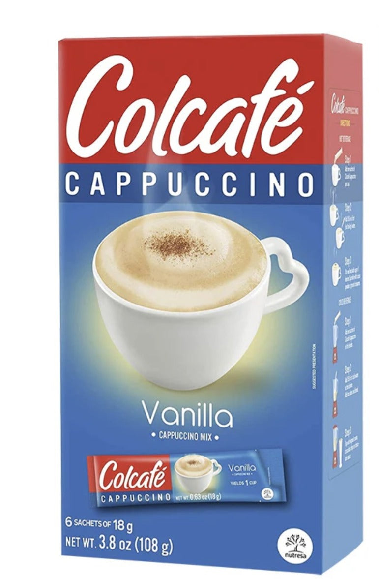 (B) Colcafé  Cappuccino Vanilla 6 Sachets 18 grams.  Colombia