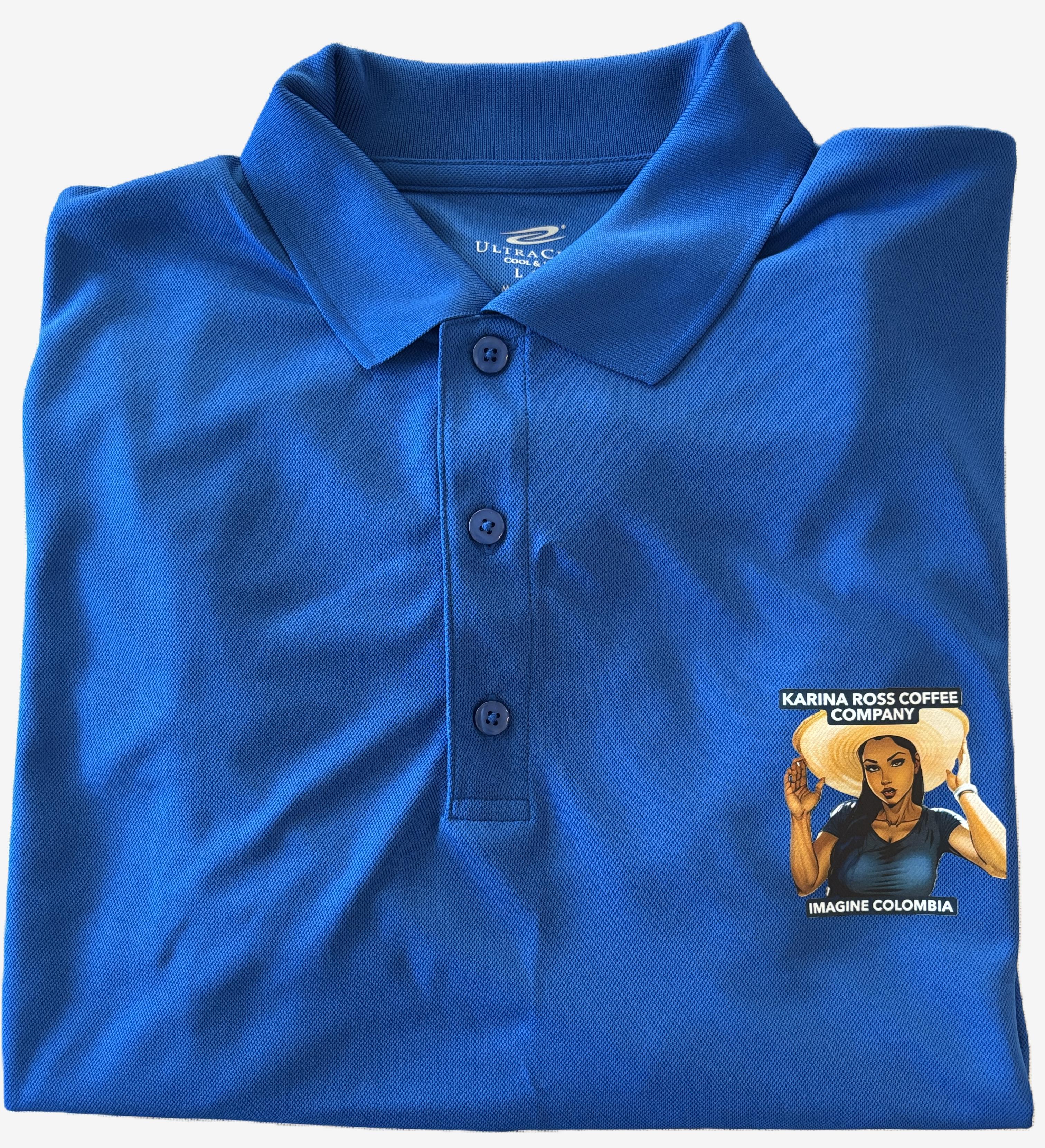 (S) Polo Shirt - Blue With Karina Ross Coffee Company Logo
