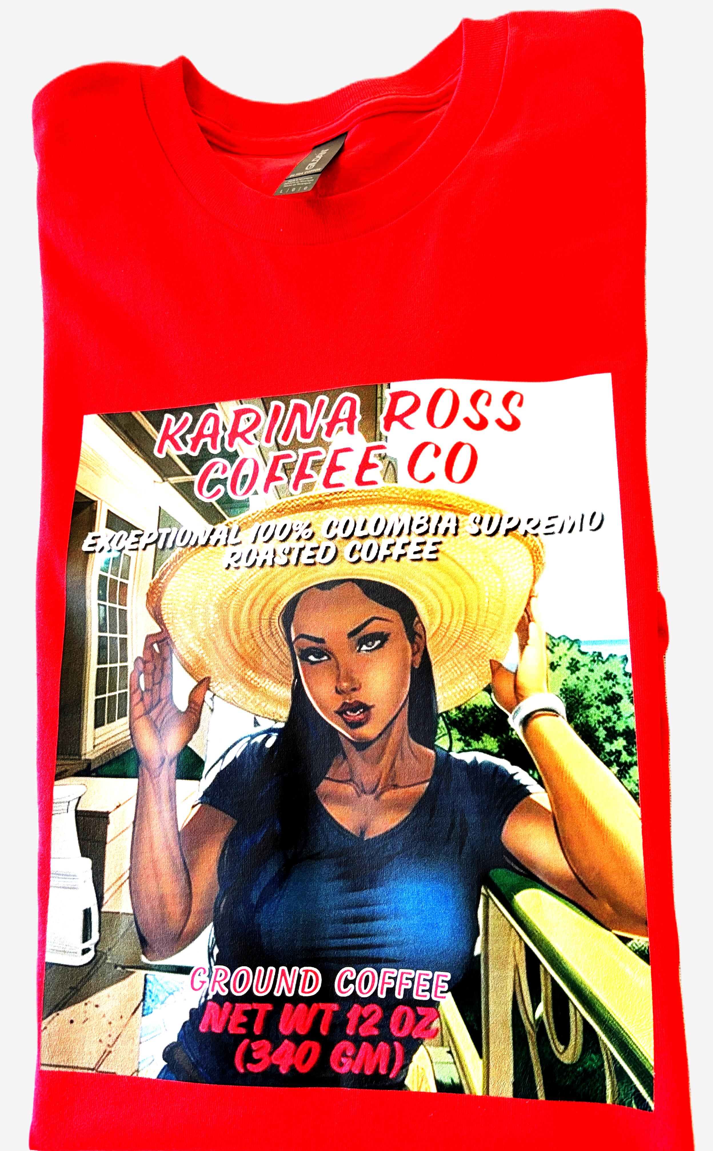 (S) T-Shirt - Red With Karina Ross Coffee Company Logo